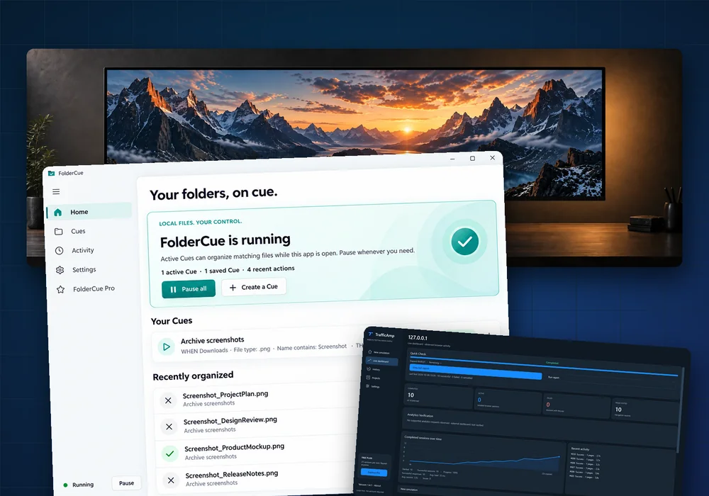 FolderCue in the foreground, alongside the real TrafficAmp dashboard and Ultrawide Wallpaper artwork
